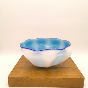 Mark Armstrong Signed Art Glass Ruffled Bowl - Blue & White Opalescent
